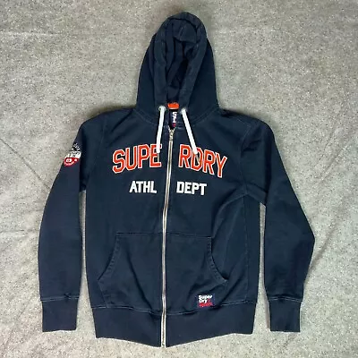 SuperDry Mens Hoodie Large Navy Red Zip Sweatshirt Spellout Outdoor Sport Top • $34.98