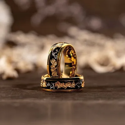 Meteorite Crushed Gold Leaf Flake Ring Mens Wedding Band Solid Tungsten Men Ring • $199.99
