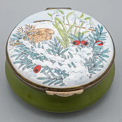 $100 • Buy Crummles Enamels Trinket Box Winter Scene Rabbit Berries Holly Flowers