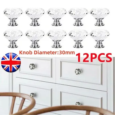 £7.99 • Buy 12X Clear Diamond Crystal Glass Door Knobs Drawer For Wardrobe Cabinet Furniture