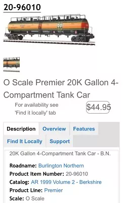 MTH Premier 20-96010 20k Gallon 4 Compartment Tank Car Burlington Northern • $50