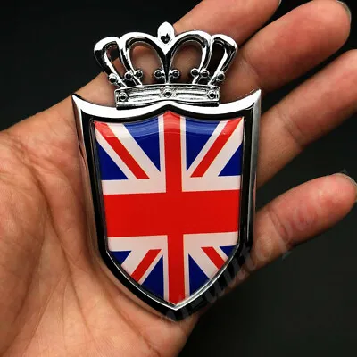 Metal Chorme Union Jack UK Flag Crown Shield Car Emblem Badge Decal Sticker • £7.01