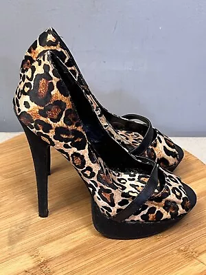 Shoedazzle Angelica Leopard Print 6 Inch Heels Womens Size 8.5 Strappy Peep Toe • $28.99