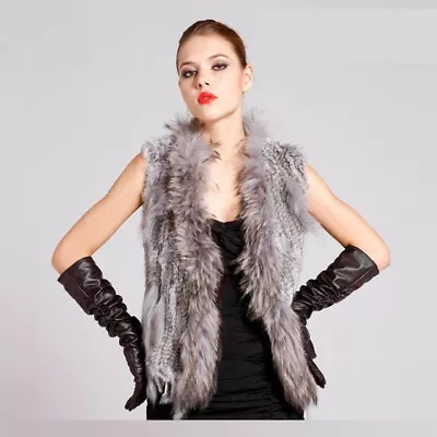 Womens Winter Real Rabbit Fur Vest Jackets Fur Collar Slim Warm Coats Sexy • $67.93