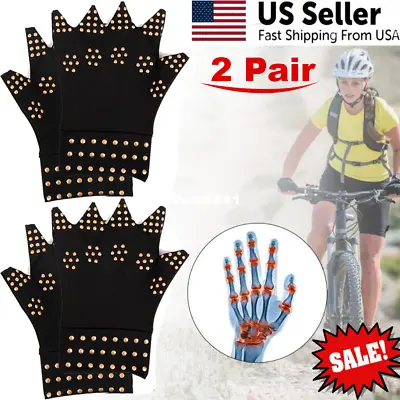 2 Pairs Fingerless Compression Copper Infused Gloves Anti-Arthritis Unisex S-XL • $8.99