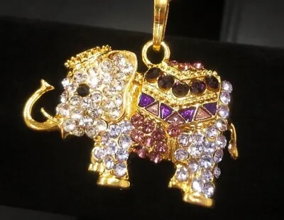 Bejeweled Purple Gold Tone Rhinestone Ganesh Chaturthi Elephant Pendant Crown • $24.95