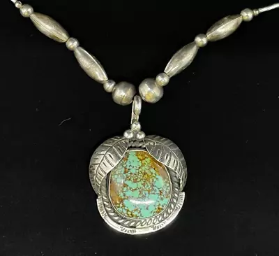 Vintage Old Pawn Navajo Number 8 Turquoise Sterling Silver Necklace Signed AB • $74.95