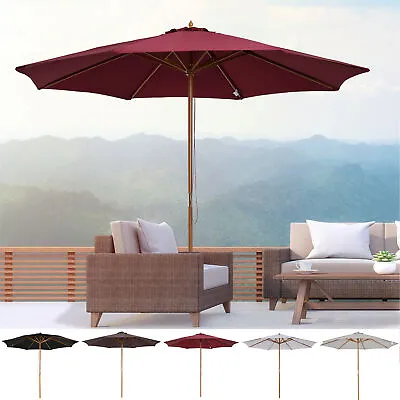 (3m) Fir Wooden Garden Parasol Bamboo Sun Shade Patio Outdoor Umbrella Canopy • £54.99