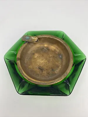 Vintage Ashtray Green Glass With Brass Liner Hexagon Shaped 5” • $19.99