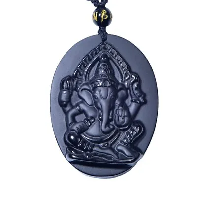 Natural Obsidian Ganesha Elephant Necklace Pendant With Adjustable Bead Chain • $9.89