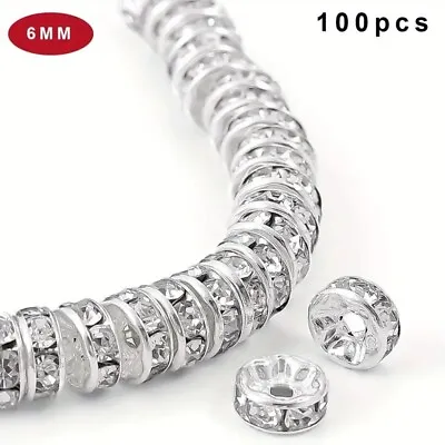 100 X SILVER RONDELLE RHINESTONE SPACER BEADS - GRADE A - 6mm • £3.99