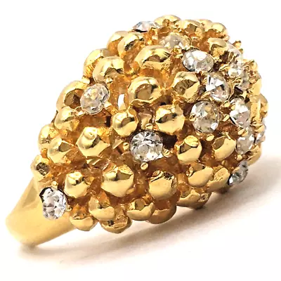 Vintage Crown Trifari Crystal Gold Tone Nugget Brutalist Ring Size 6.5-8.5 • $95