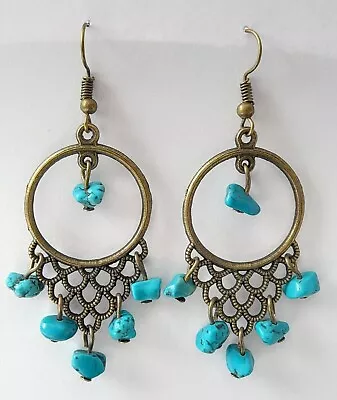 Boho Turquoise Chip Beads Earrings In Antique Bronze Hooks  • £5.50