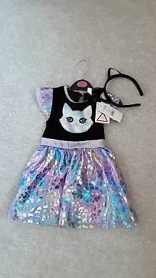 Girls  Cat Dress  In Black And Lilac  Aged 18/24 Months New From George • £6.99