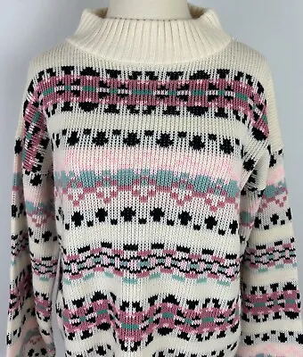 Vintage 80s 90s Mockneck Ski Sweater WOMENS L Dusty Rose Pink Fair Isle Mom HOLE • $6