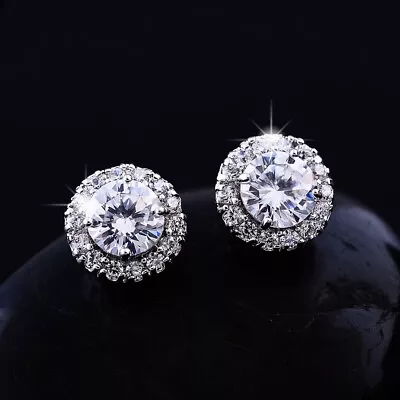 925 Sterling Silver Halo Full CZ Hoop Stud Earrings Women Girl Jewellery Gift UK • £3.89