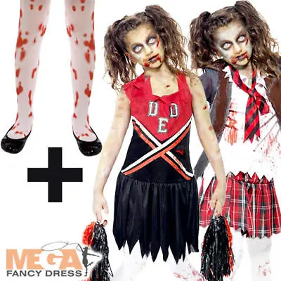 High School Horror Zombie + Tights Girls Fancy Dress Halloween Childrens Costume • £12.99