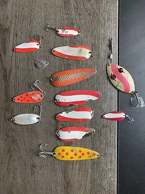 LOT OF 13Vintage Fishing Lures Original Dardevle Red Eye Wiggler Spoons Diamonds • $10