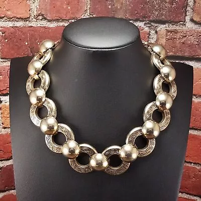 Vintage Jewelry Runway Circle Necklace Gold Plated Chunky Collar Links • $19.99