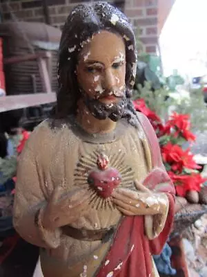 Primitive Vintage Chalkware Plaster Sacred Heart Of Jesus 13  Shabby Chippy • $14.99