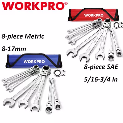 WORKPRO 8PCS Flex-Head Ratcheting Combination Wrench 5/16-3/4 /8-17mm Metric/SAE • $48.99