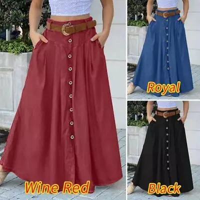 Women Buttons Maxi Skirt Solid Boho Casual Loose Swing Pockets Long Dress Skirts • $26.99