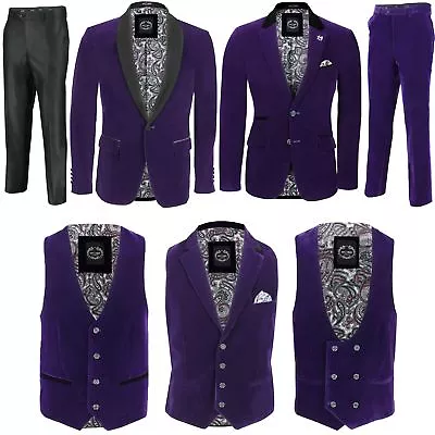 Mens Purple Velvet Vintage 3 Piece Suit Tuxedo Blazer Coat Waistcoat Trouser • £44.99