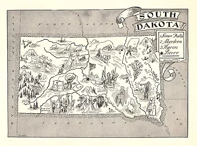 1950s Vintage SOUTH DAKOTA State Map Animated South Dakota Picture Map BW 1288 • $18.50