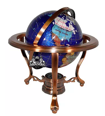 10  Tall Bahama Blue Pearl Swirl Ocean Tripod Copper Table Top Gemstone Globe • $95.79