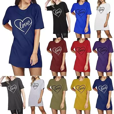 Womens Love Heart Loose Fit Oversized Ladies Tunic Homewear Tees T-Shirt Dress • £3.99