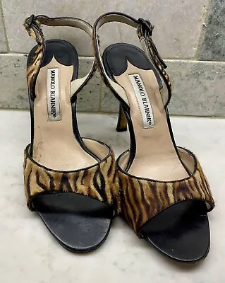 Manolo Blahnik Tiger Print Calf Hair Pony Fur Slingback Stiletto Sandals 38.5 • $41