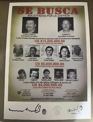 Pablo Escobar And Gang Wanted Poster Autographed By Roberto Escobar 20x14 • $75