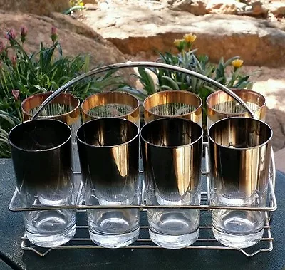 VINTAGE ~MID CENTURY ~ SILVER MERCURY & GOLD TRIM ~ BAR GLASSES In RACK CARRIER • $65