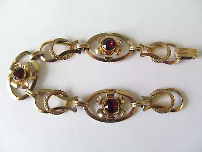 VAN DELL 12K GOLD FILLED On STERLING W/GARNET RED CRYSTALS LINKS BANGLE BRACELET • $29.99