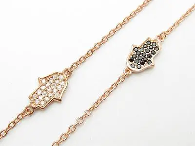 Rose Gold Sterling Silver Black & White Sapphire Long Hamsa Hand Of God Necklace • £124.75