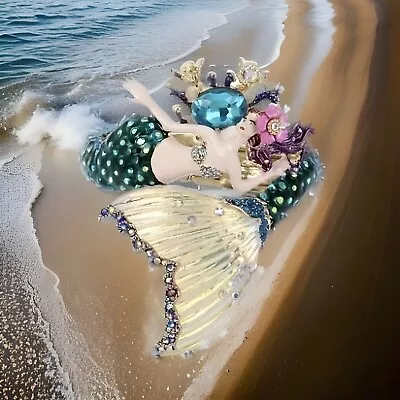 Betsey Johnson Mermaid Hinged Bangle Bracelet Blue Iridescent Crystals Gold Tone • $55