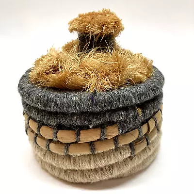 Hand Woven Wool Raffia Rabbit Fur Lined Round Trinket Box Basket With Lid • $32.24