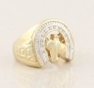 Mens 10k Yellow Gold Lucky Horseshoe Diamond Ring  Size 10 1/2 • $539.75