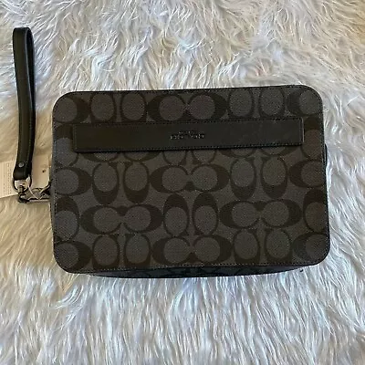 NWT Coach F58541 Men's Pouchette Signature Black Coated Canvas Leather Wristlet • $249.99