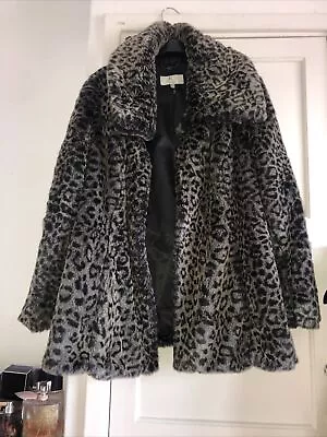 Country Faux Fur Leopard Animal Print Coat Jacket 90s Mob Wife Petite 12-14 • £19.95