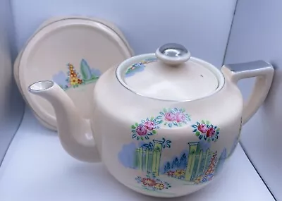 Vintage Mikori Ware Ceramic Teapot With Trivet Hand Painted Floral Gate Scene • $14.99