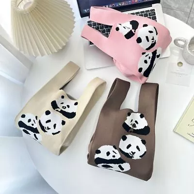 Women Girls Panda Knot Tote Bag Wrist Bag Shopping Bags Knit Handbag • £7.92