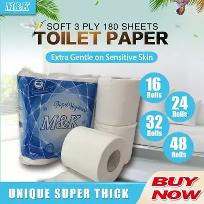 $38.99 • Buy M&k Toilet Paper Tissue Rolls Soft Sanitary 3 Ply 180 Sheets 16/24/32/48