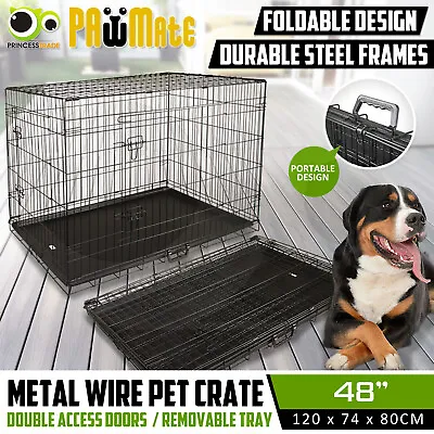 48in Dog Cage Pet Wire Crate Puppy Cat Foldable Metal Kennel Portable With Tray • $101.90