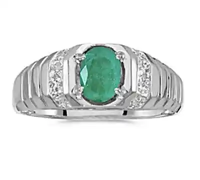 Mens Natural 7x5mm Emerald And Diamond Ring 10K White Gold - Free Ring Sizing • $329