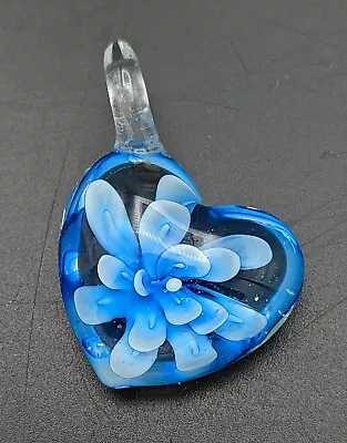 Beautiful Art Glass Blue Flowers Love Heart Pendant • $13.99