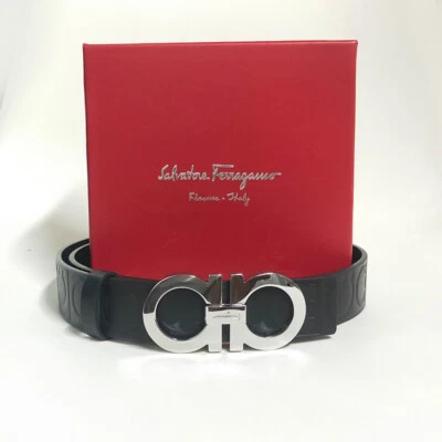 £126.02 • Buy Salvatore Ferragamo Silver Gancini Buckle Black Leather  Men's Belt