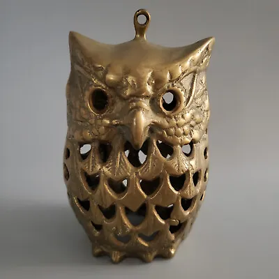 Vintage Brass Owl Candle Holder Hanging Lantern Patina 1970s MCM Boho • $60