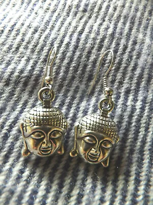 Silver Tone Buddha Head Drop Earrings Hook Fasten • £4.99