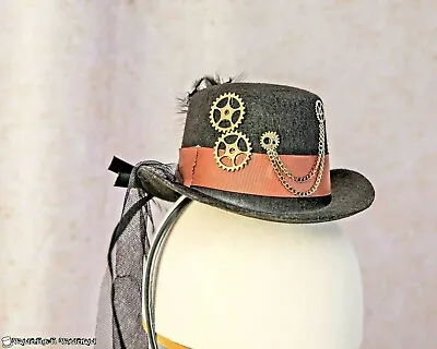 Black Steampunk Ladies Mini Top Hat Headband Veil Brown Band Gears Costume • $9